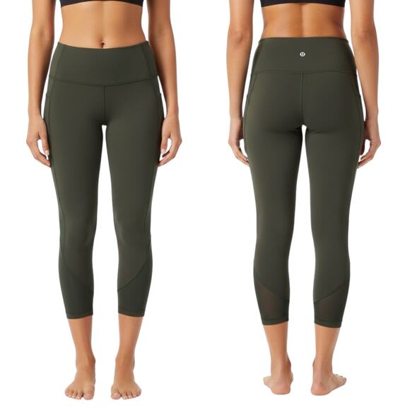 Lululemon 24" Cropped Leggings Womens 8 Olive Green High Rise Mesh Stretch - Picture 1 of 7